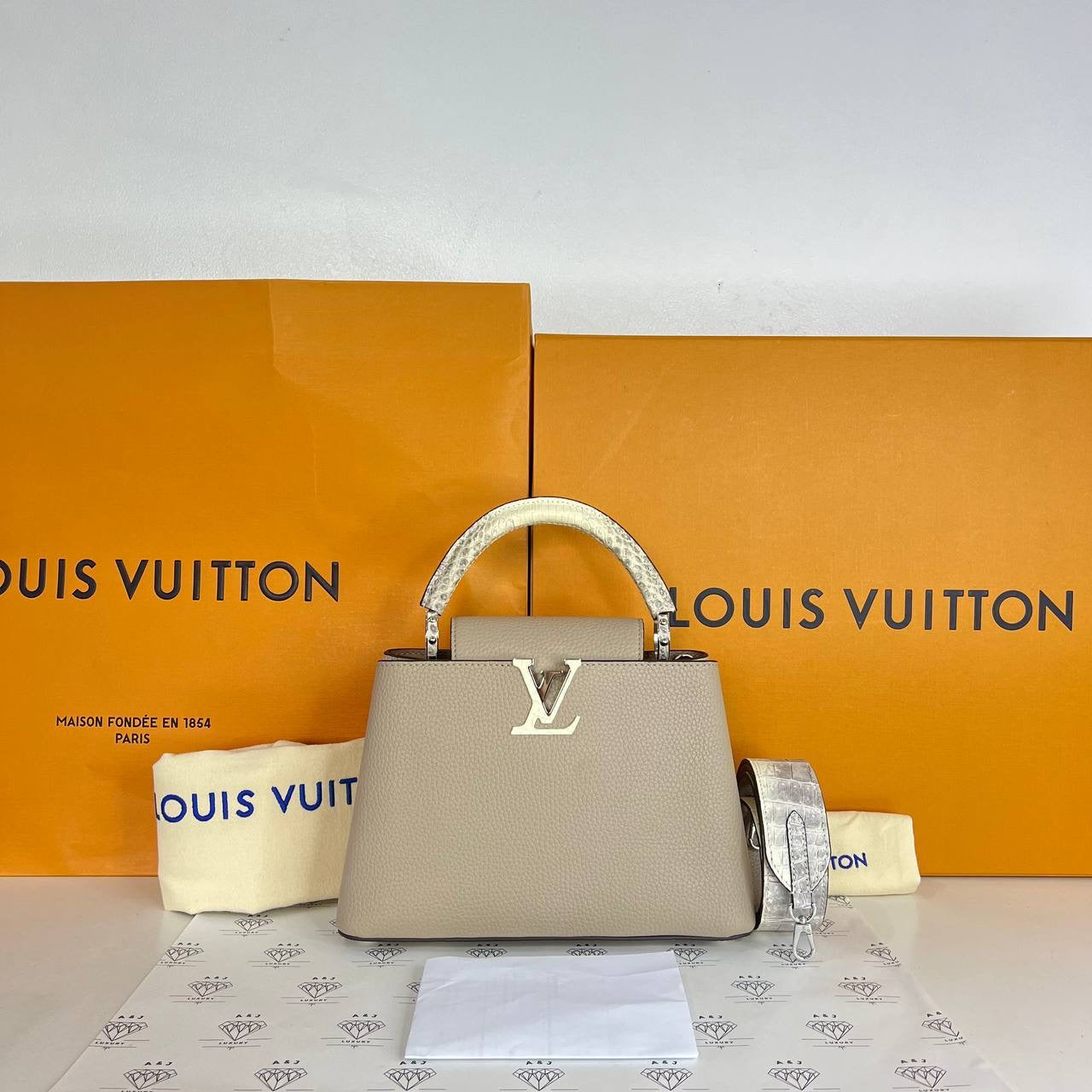 [PRE LOVED] Louis Vuitton Capucine BB Himalayan Top Handle in Galet  Taurillon/Himalayan Leather SHW (microchipped)