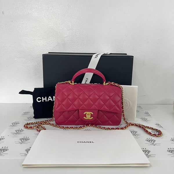 [PRE LOVED] Chanel Mini Rectangle Top Handle in Dark Pink Lambskin Leather GHW (microchipped)
