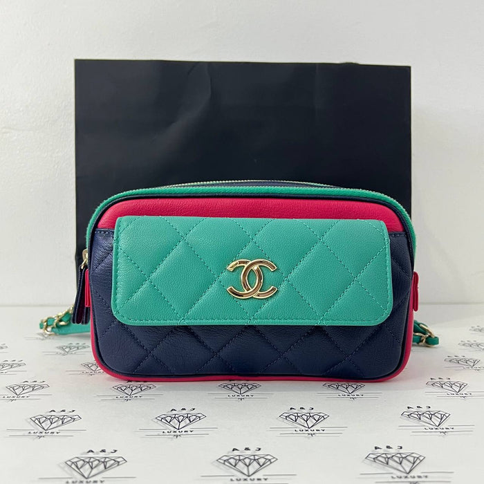 [PRE LOVED] Chanel In & Out Waistbag in Tricolor Navy/Turqouise/Pink Caviar Leather Light Gold HW (Series 29)