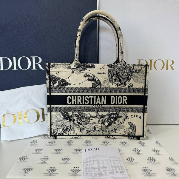 [PRE LOVED] Christian Dior Medium Book Tote in Latte and Black CD Zodiac Embroidery