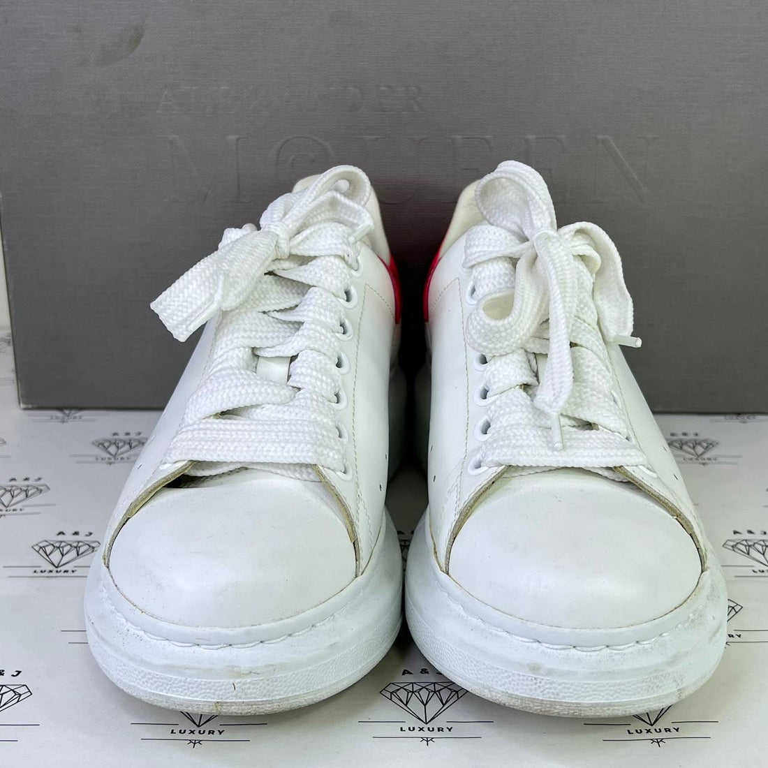 [PRE LOVED] Alexander McQueen Oversized Sneakers in White with Pink Patent Heel Tab Size 37.5EU