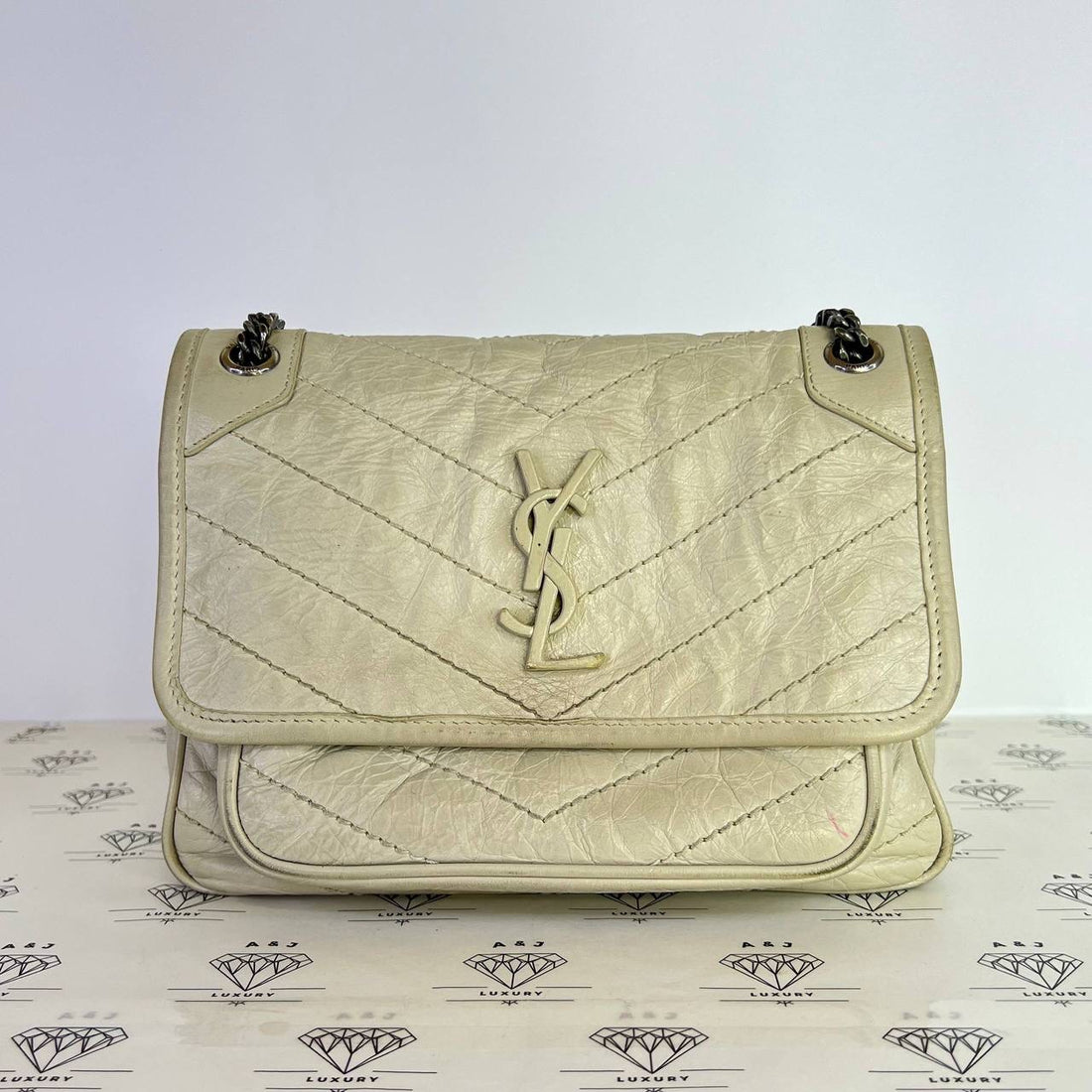 [PRE LOVED] YSL Small Niki in White Crinkled Calfskin Leather RHW