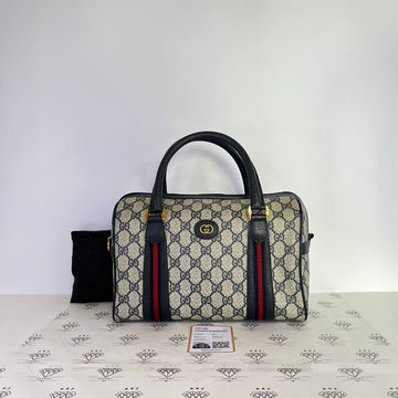 [PRE LOVED] Gucci Sherry Line Boston Bag in Brown with Navy Blue trims GHW