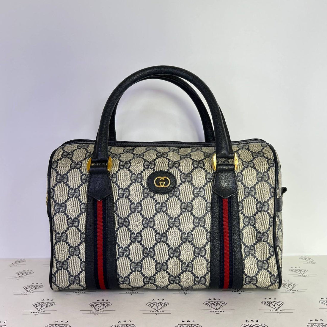 [PRE LOVED] Gucci Sherry Line Boston Bag in Brown with Navy Blue trims GHW