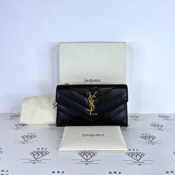 [PRE LOVED] YSL Zip and Flap Cardholder in Black Grain De Poudre Leather GHW