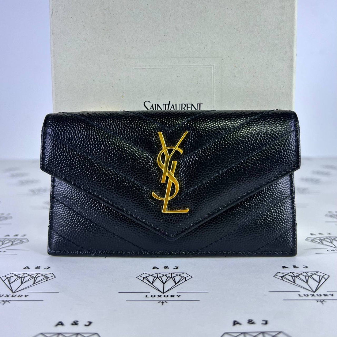 [PRE LOVED] YSL Zip and Flap Cardholder in Black Grain De Poudre Leather GHW