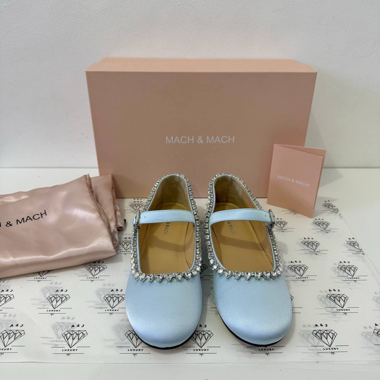 [PRE LOVED] Mach & Mach Audrey Crystal-embellished Ballerina Shoes in Sky Blue Satin Size 38EU