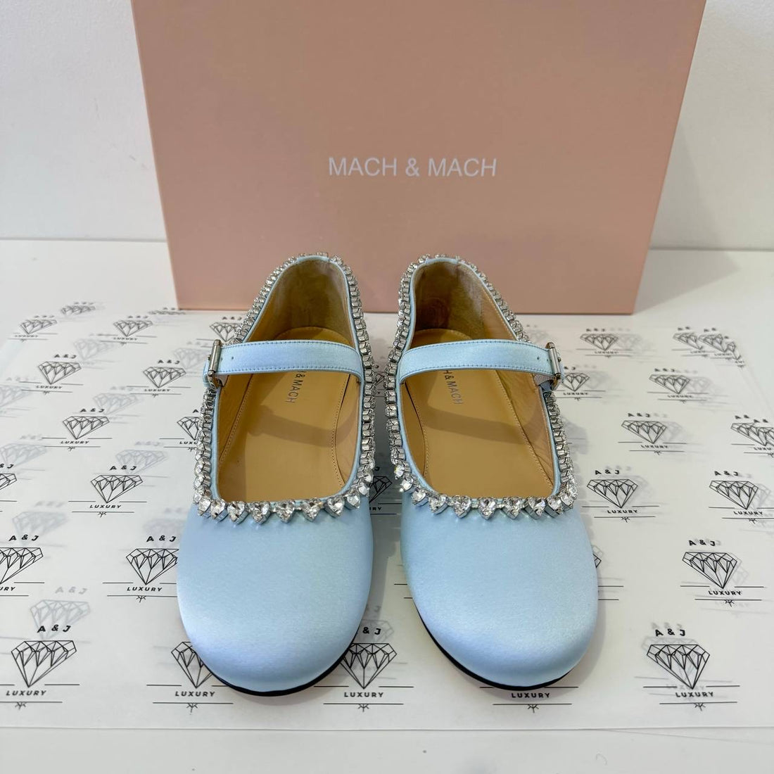 [PRE LOVED] Mach & Mach Audrey Crystal-embellished Ballerina Shoes in Sky Blue Satin Size 38EU