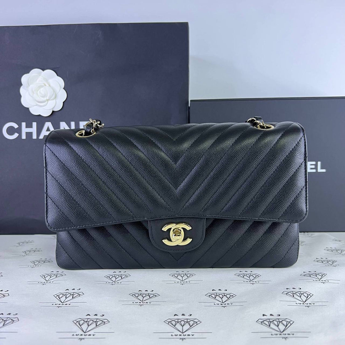 [PRE LOVED] Chanel Classic Medium Double Flap Chevron in Black Caviar Leather Light Gold HW (Series 31)