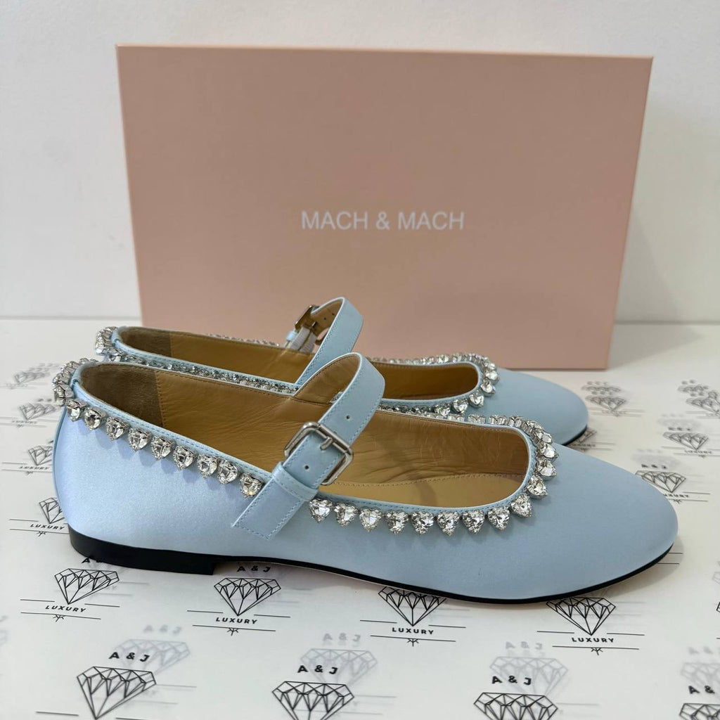 [PRE LOVED] Mach & Mach Audrey Crystal-embellished Ballerina Shoes in Sky Blue Satin Size 38EU