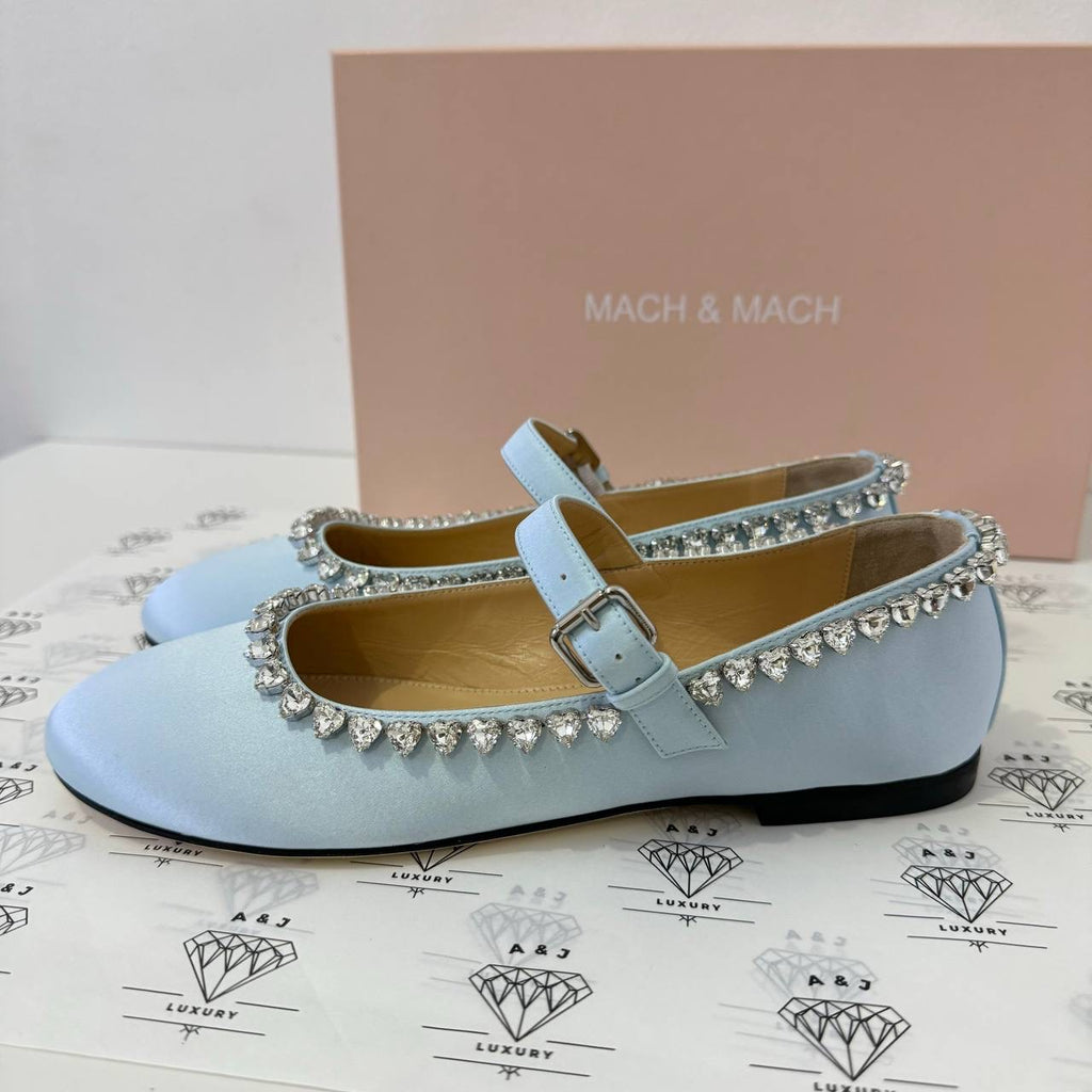 [PRE LOVED] Mach & Mach Audrey Crystal-embellished Ballerina Shoes in Sky Blue Satin Size 38EU