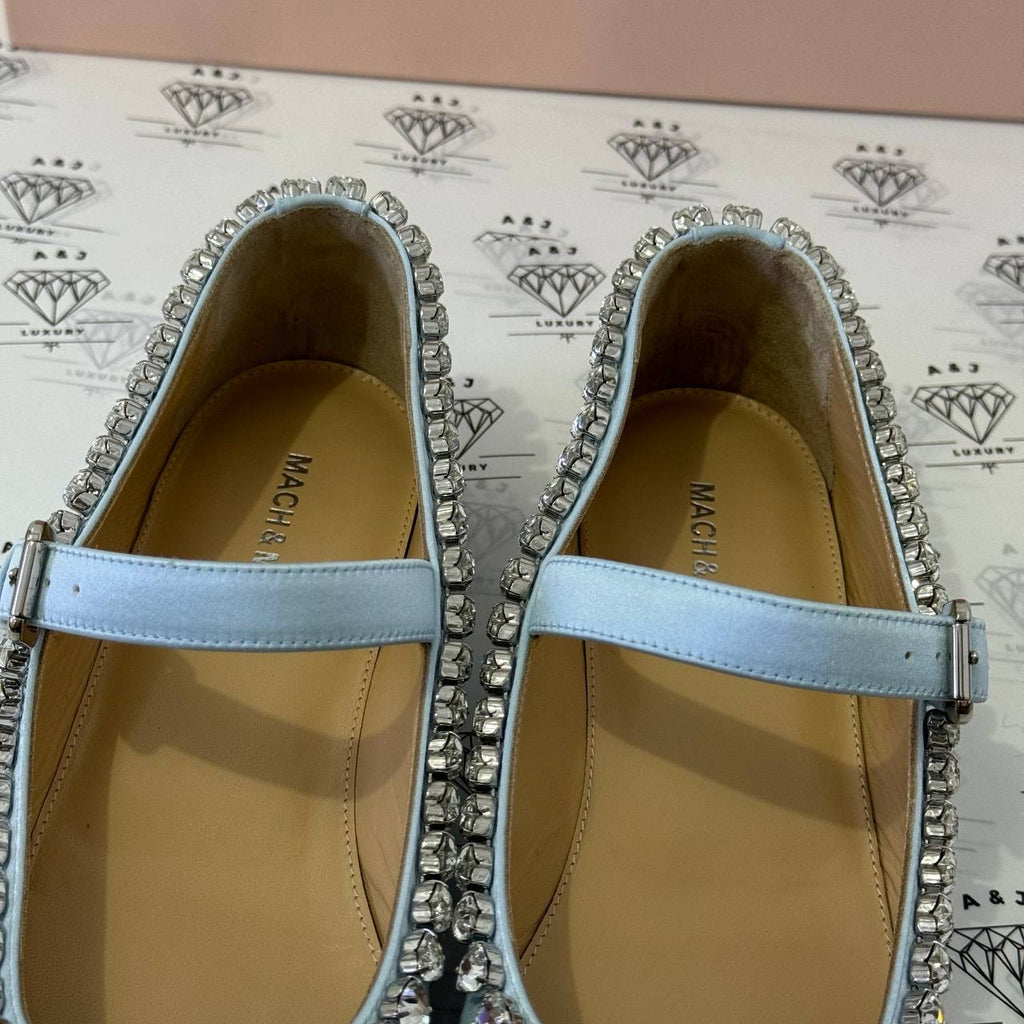 [PRE LOVED] Mach & Mach Audrey Crystal-embellished Ballerina Shoes in Sky Blue Satin Size 38EU