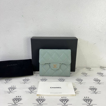 [PRE LOVED] Chanel Classic Compact Wallet in Light Green Caviar Leather Light Gold HW (microchipped)