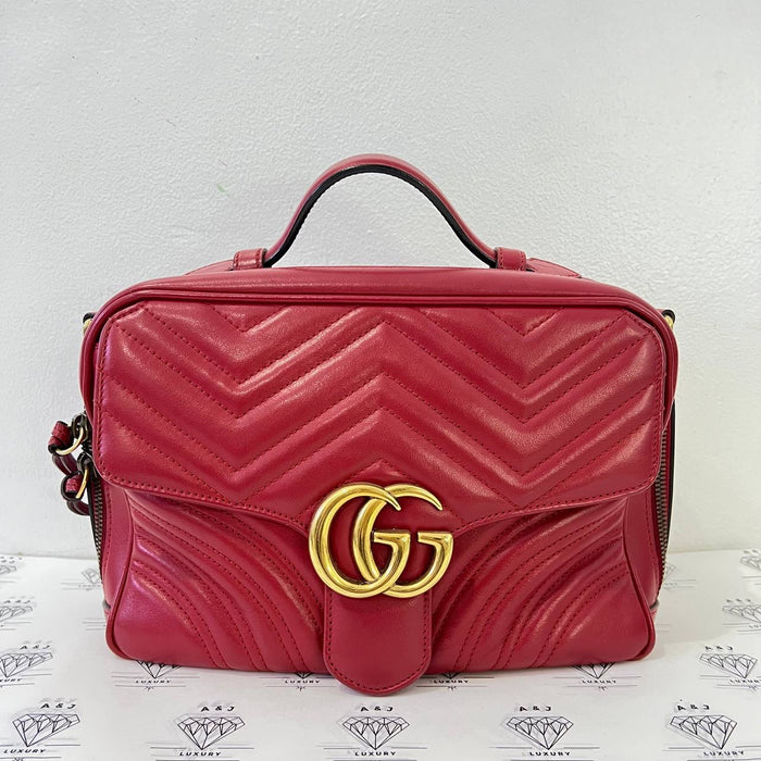 [PRE LOVED] Gucci Marmont Top Handle Bag in Red Matelasse Leather GHW