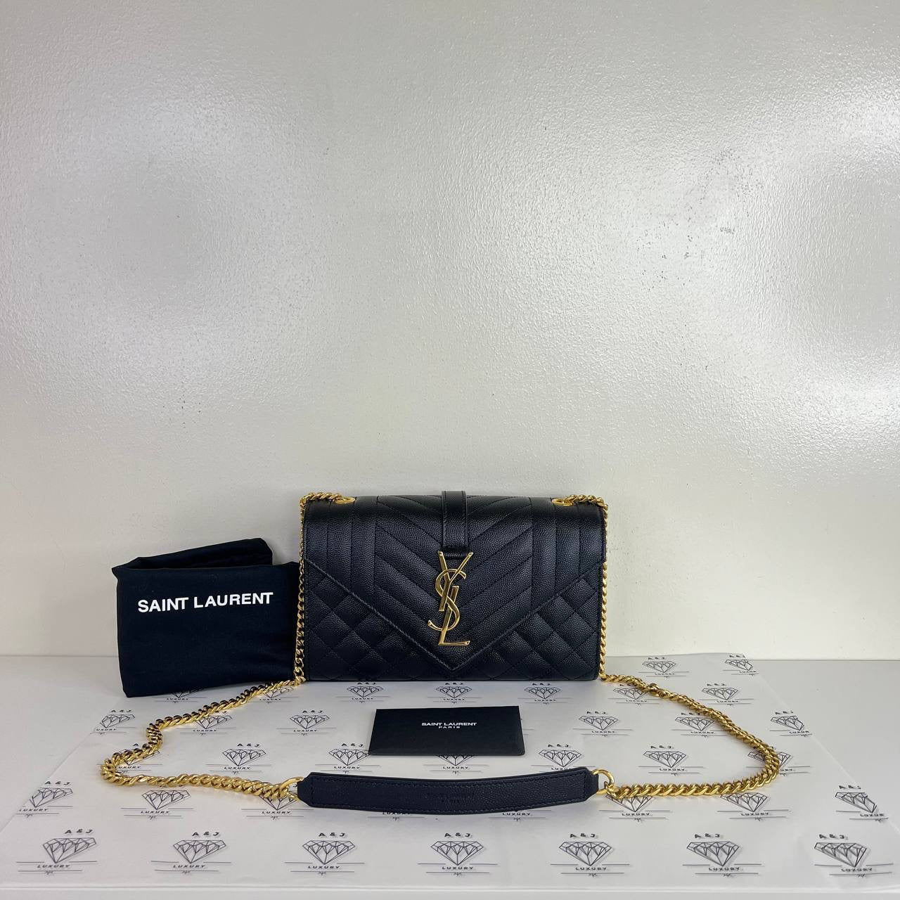 [PRE LOVED] YSL Small Envelope in Black Grain De Poudre Leather GHW