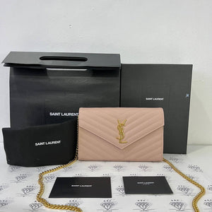 [PRE LOVED] YSL Medium Wallet on Chain in Pink Grain De Poudre Leather GHW