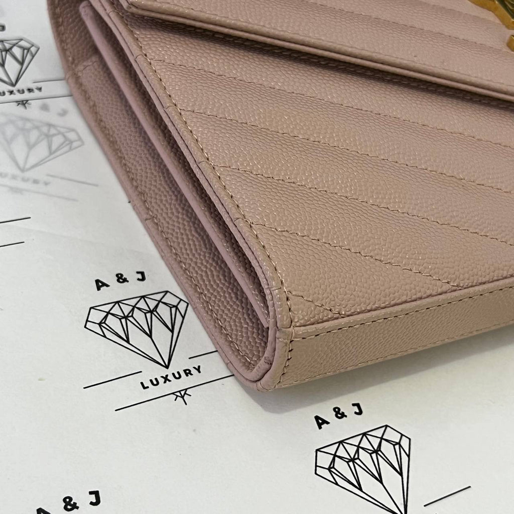 [PRE LOVED] YSL Medium Wallet on Chain in Pink Grain De Poudre Leather GHW