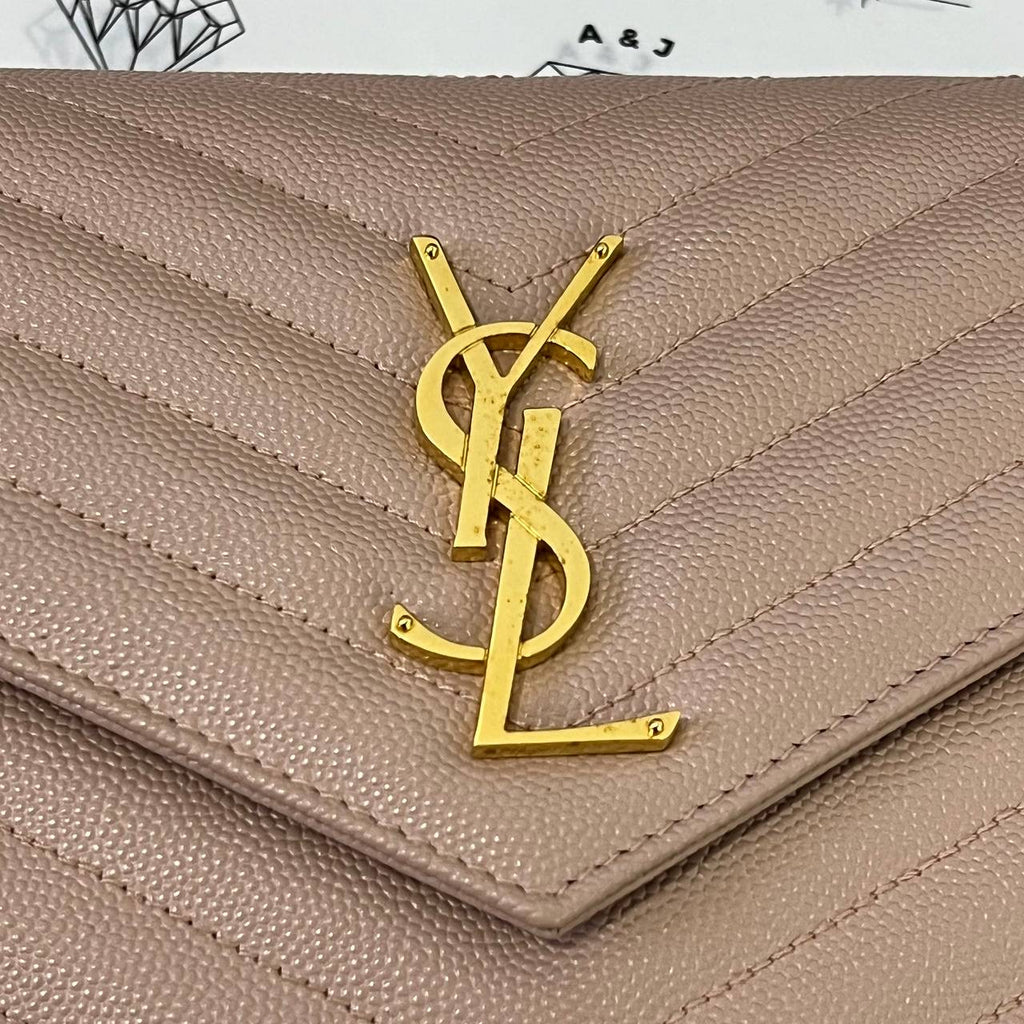 [PRE LOVED] YSL Medium Wallet on Chain in Pink Grain De Poudre Leather GHW