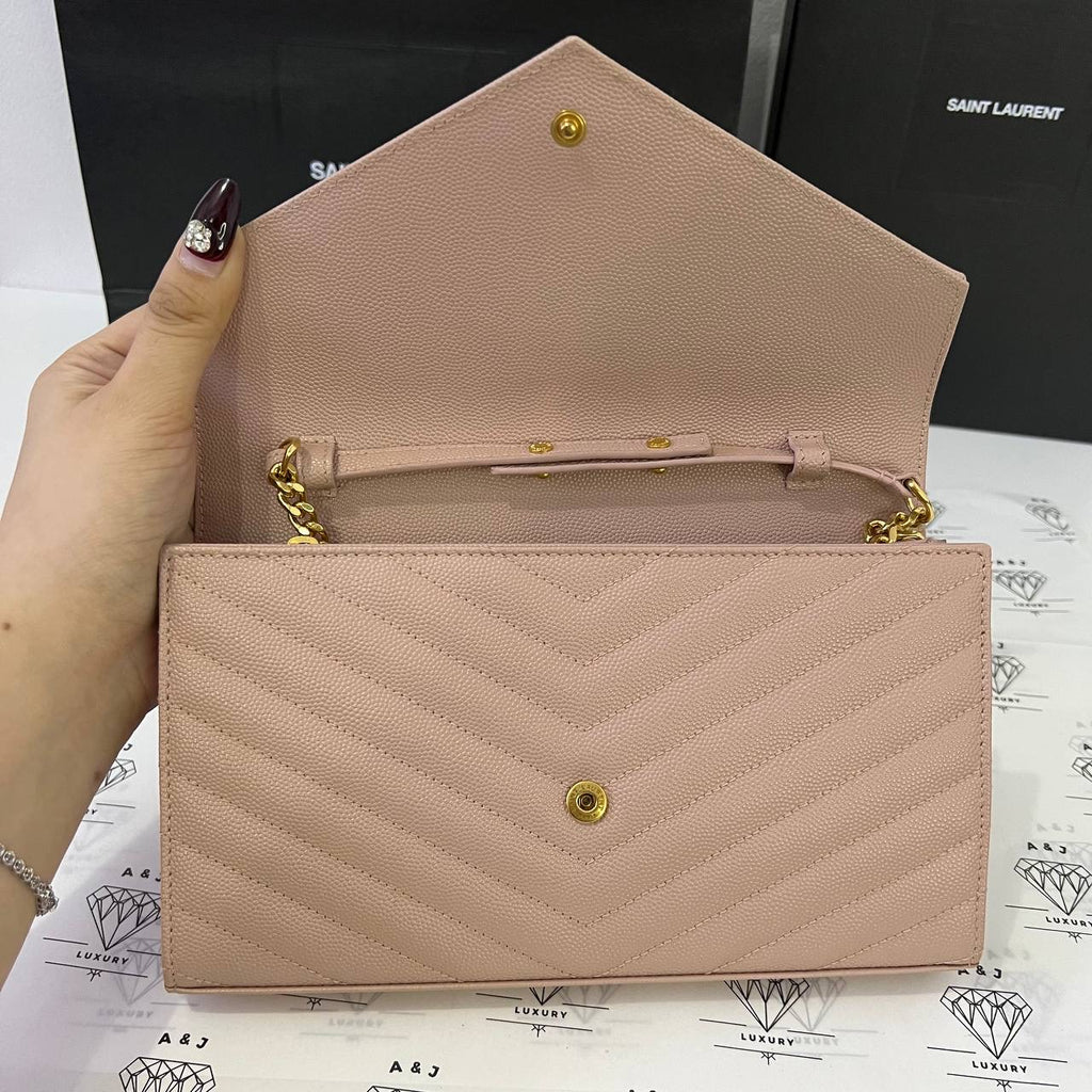 [PRE LOVED] YSL Medium Wallet on Chain in Pink Grain De Poudre Leather GHW