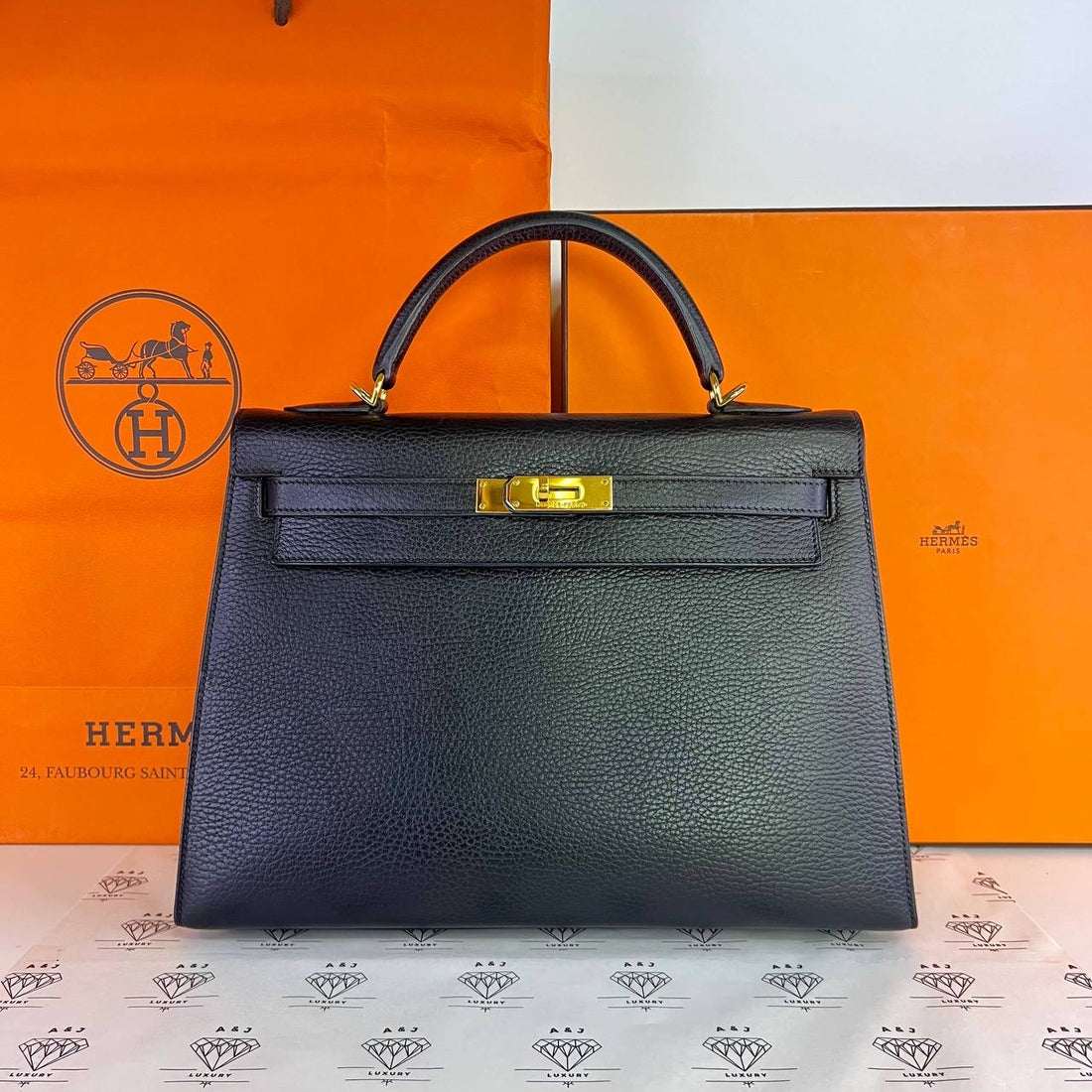 [PRE LOVED] Hermes Kelly 32 Sellier in Black Ardennes Leather GHW (Stamp G Square - 2003)
