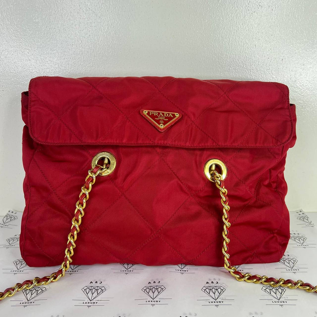 [PRE LOVED] Prada Quilted Nylon Chain Shoulder Bag in Red GHW
