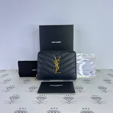 [PRE LOVED] YSL Compact Zip Wallet in Black Grain De Poudre GHW