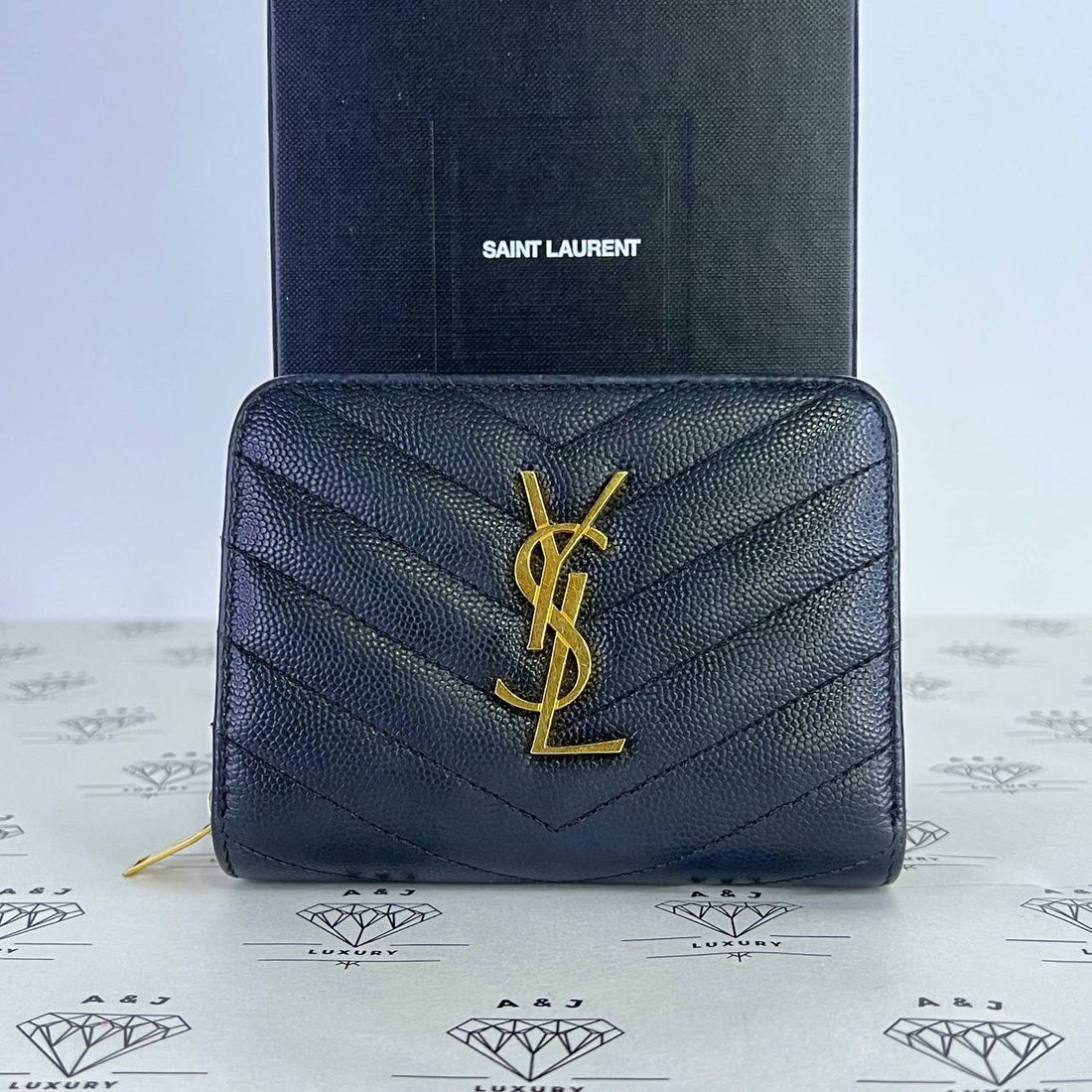 [PRE LOVED] YSL Compact Zip Wallet in Black Grain De Poudre GHW