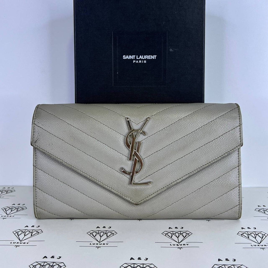 [PRE LOVED] YSL Long Flap Wallet in Gray Grain De Poudre SHW