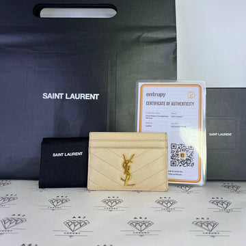 [PRE LOVED] YSL Flat Cardholder in Beige Grain De Poudre GHW