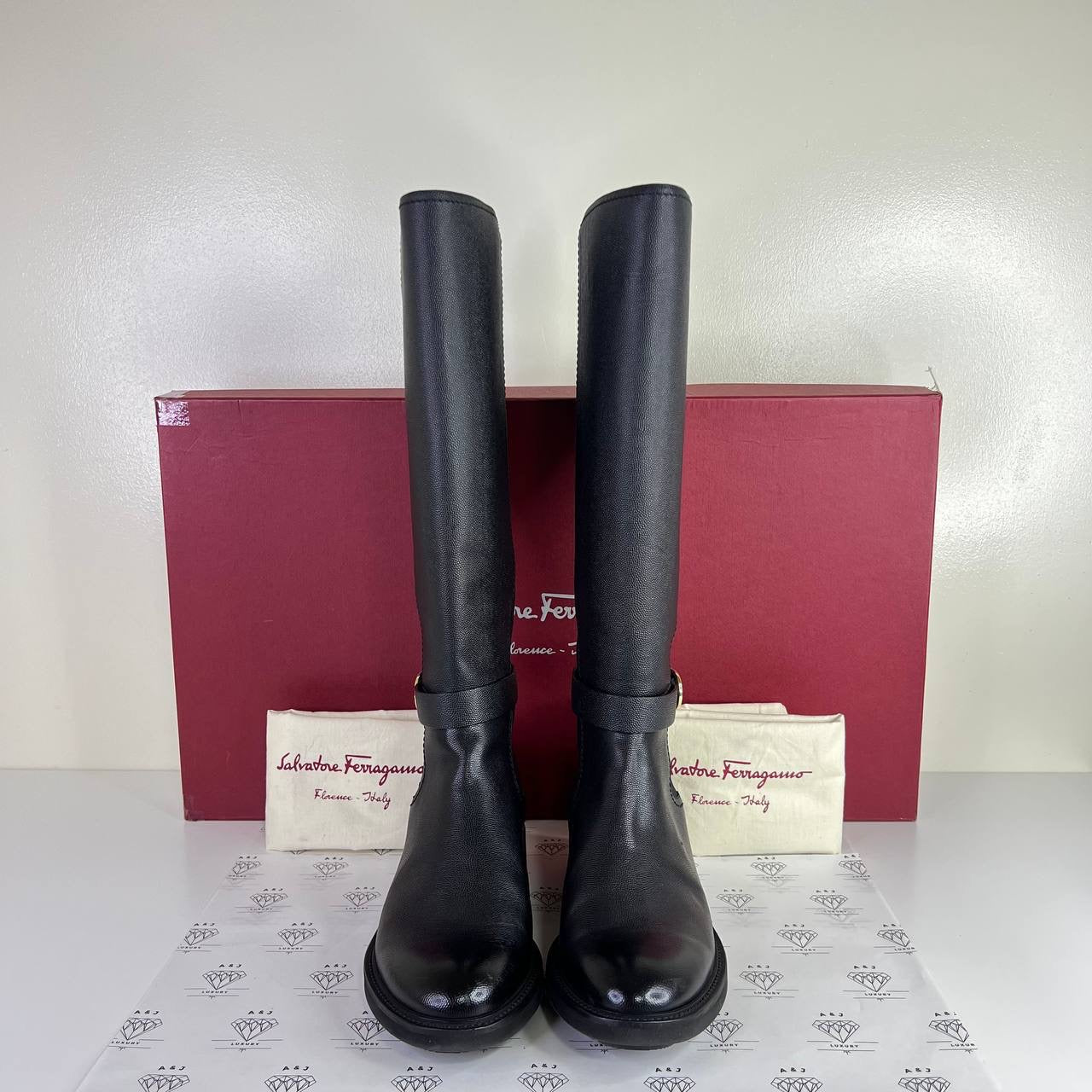 [PRE LOVED] Salvatore Ferragamo Furseo Knee High Boots in Black Size 9