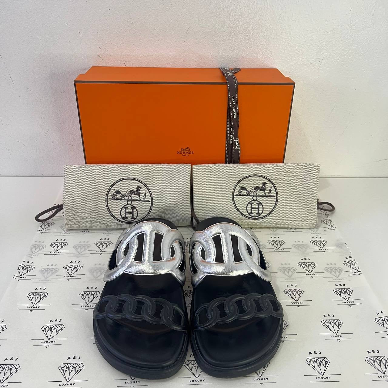 [PRE LOVED] Hermes Extra Sandals in Silver and Black Size 37