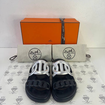 [PRE LOVED] Hermes Extra Sandals in Silver and Black Size 37