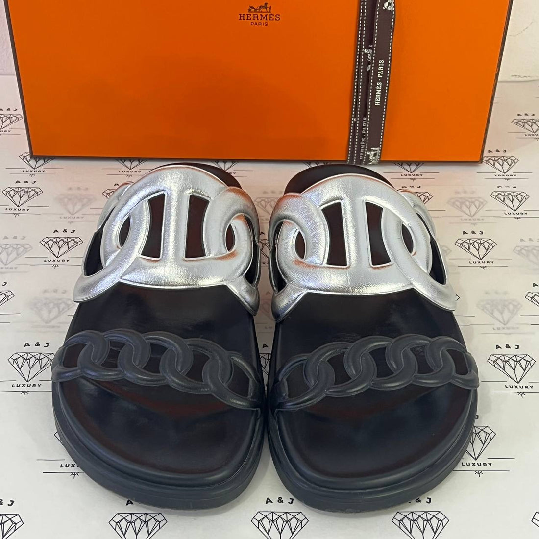 [PRE LOVED] Hermes Extra Sandals in Silver and Black Size 37