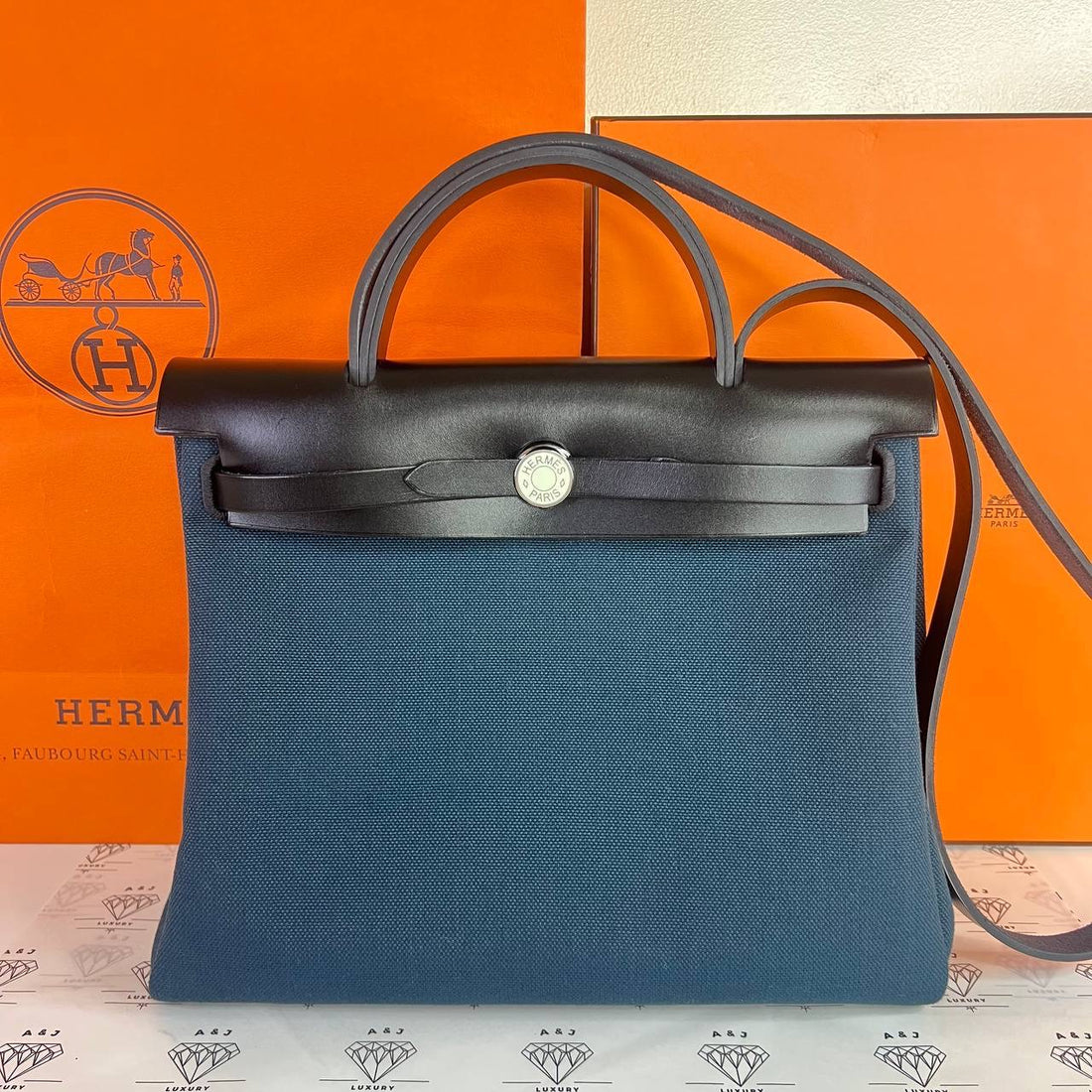 [PRE LOVED] Hermes Herbag Zip 31 in Bleu Ocean/Noir/Vert Fizz PHW (Stamp W - 2024)