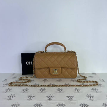 [PRE LOVED] Chanel Mini Rectangle Flap Top Handle in Caramel Lambskin Leather Light Gold HW (microchipped)