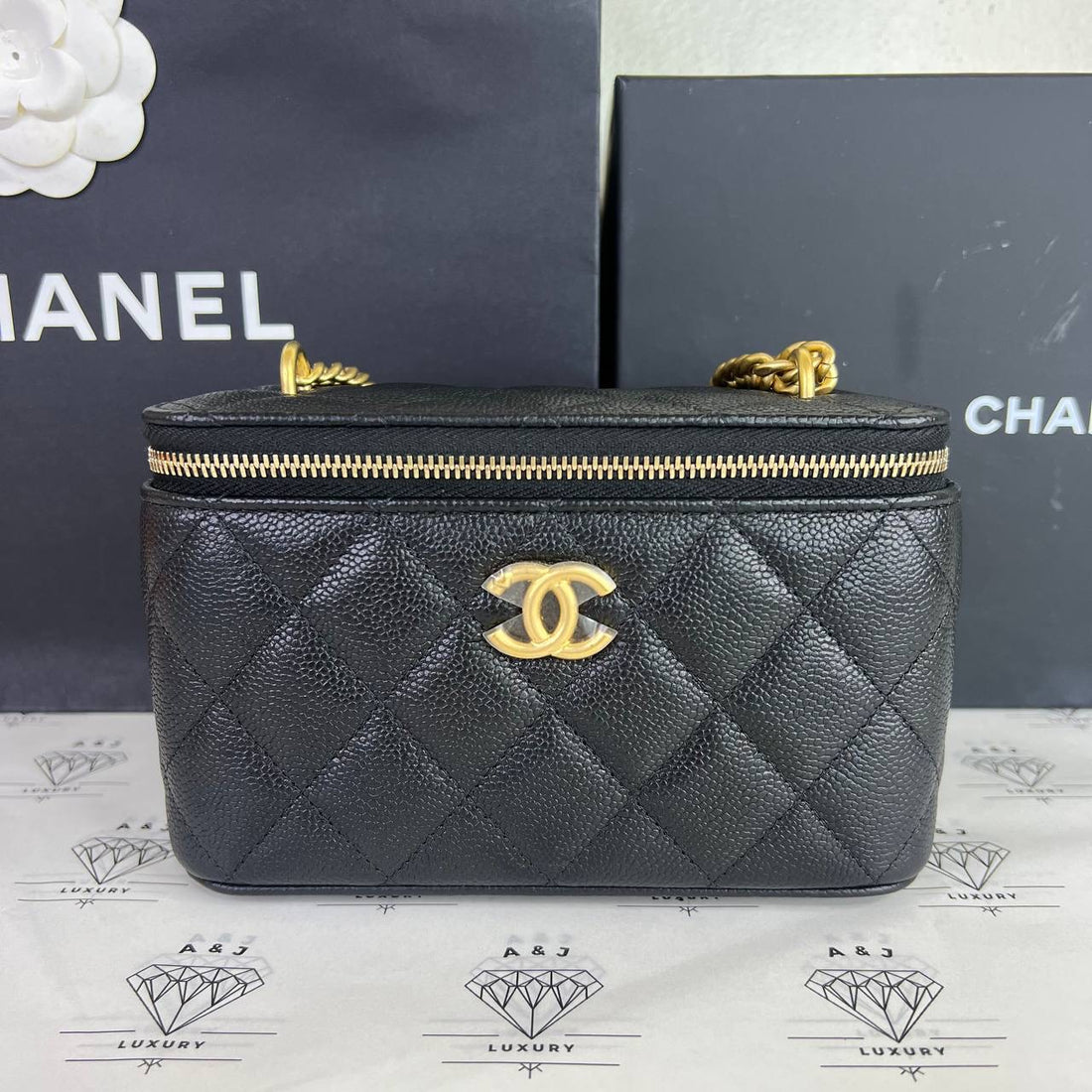 [PRE LOVED] Chanel Vanity Heart Crush Adjustable Strap in Black Caviar Leather GHW (microchipped)