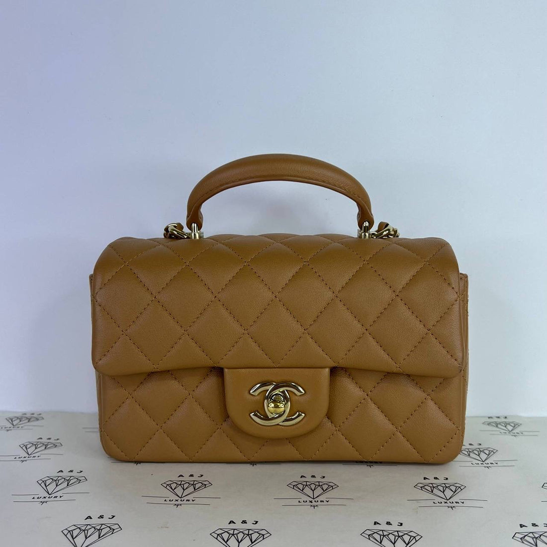 [PRE LOVED] Chanel Mini Rectangle Flap Top Handle in Caramel Lambskin Leather Light Gold HW (microchipped)