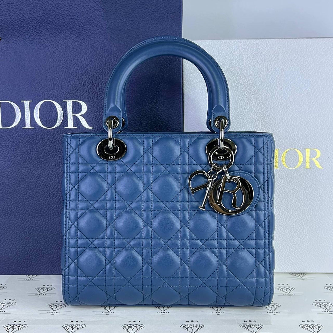 [PRE LOVED] Christian Dior Medium Lady D Flap in Blue Cannage Lambskin RHW (2021)