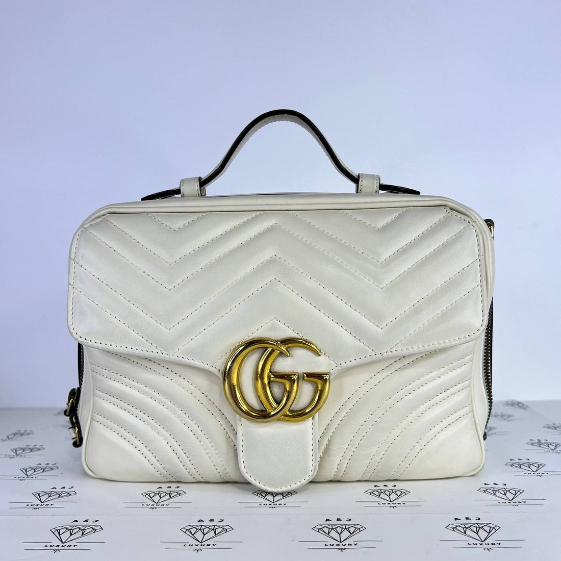 [PRE LOVED] Gucci Medium Marmont Top Handle Sylvie Web Strap in White GHW