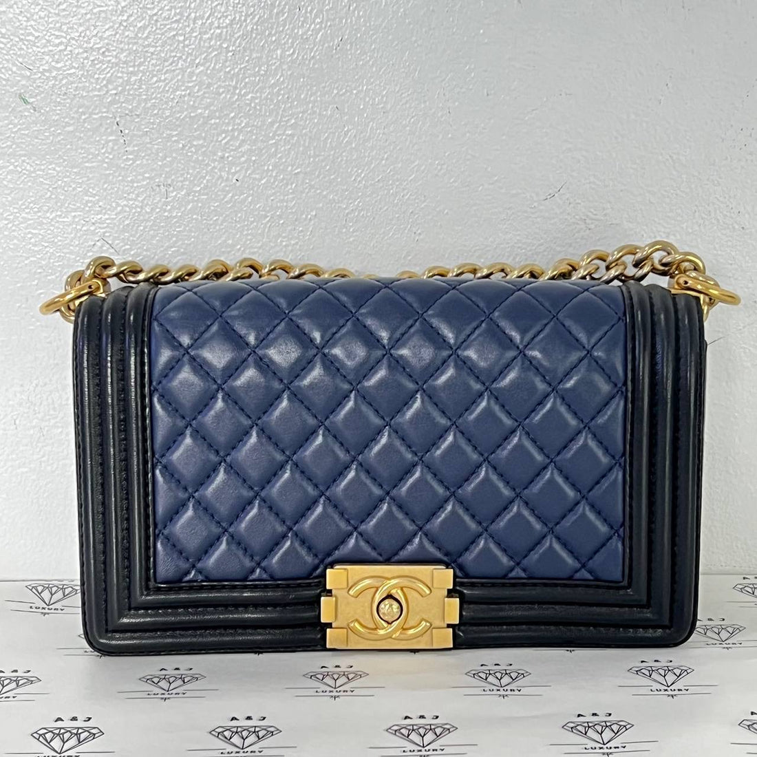 [PRE LOVED] Chanel Old Medium Boy Bag in Black and Blue Lambskin Leather GHW (Series 23)