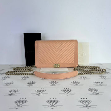 [PRE LOVED] Chanel Leboy Wallet on Chain Chevron in Light Pink Caviar Leather Light Gold HW (microchipped)