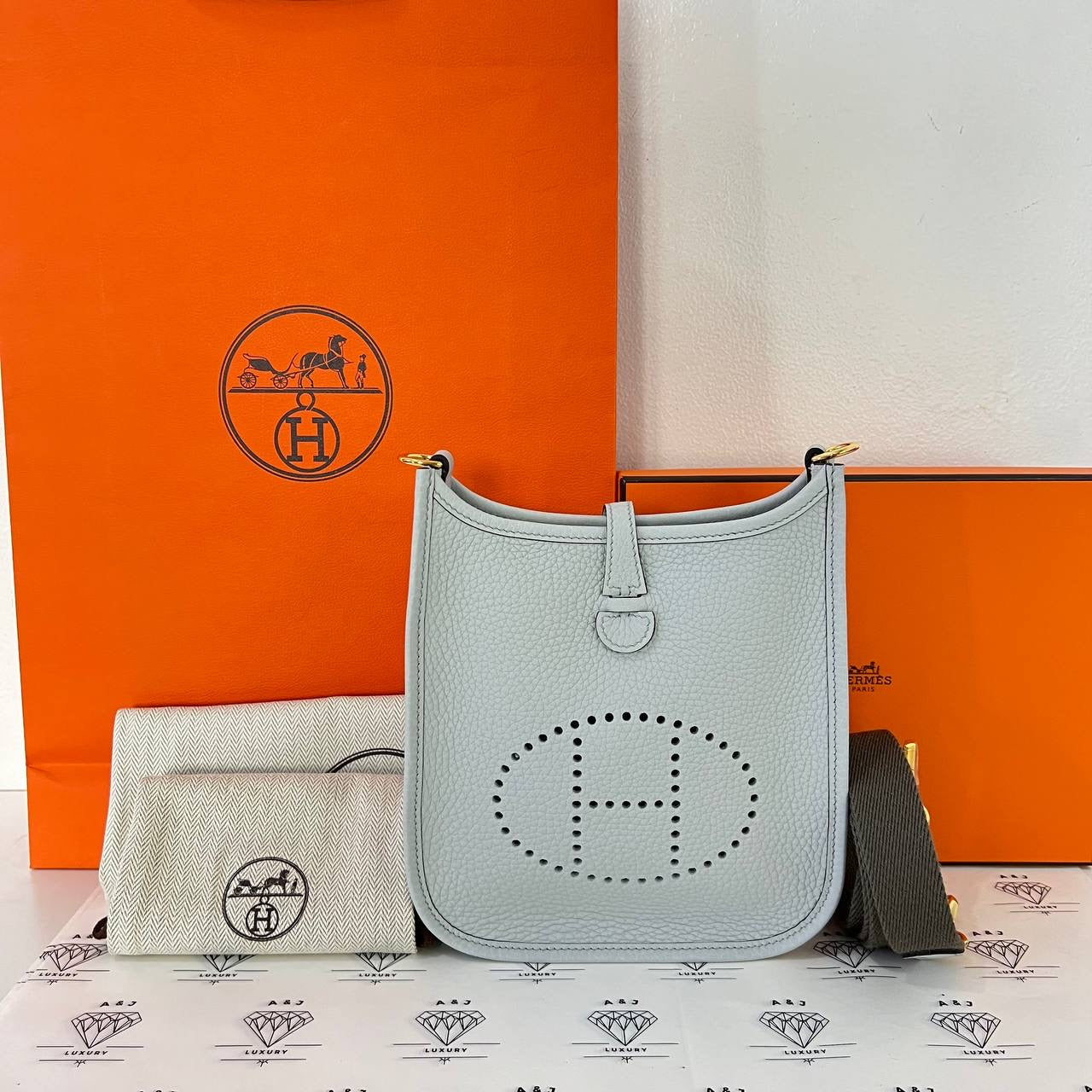 [BRAND NEW] Hermes Evelyne 16 TPM in Bleu Pale/Gris Etain Clemence Leather GHW (Stamp W - 2024)