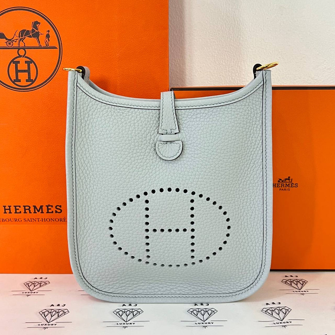 [BRAND NEW] Hermes Evelyne 16 TPM in Bleu Pale/Gris Etain Clemence Leather GHW (Stamp W - 2024)