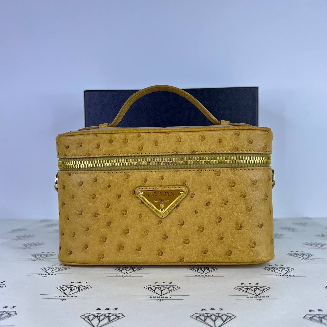 [PRE LOVED] Prada Top Handle Vanity Case in Ostrich Tan GHW