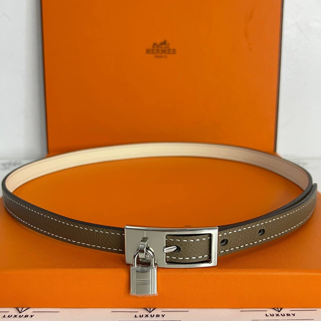[PRE LOVED] Hermes Lucky 15 Reversible Belt in Etoupe/Craie PHW Size 70 (Stamp U - 2022)