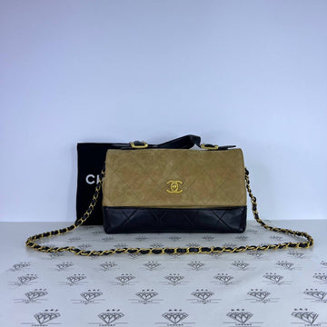 [PRE LOVED] Chanel Coco Base Top Handle Flap Bag in Brown/Black Suede/Lambskin Aged Gold HW (microchipped)