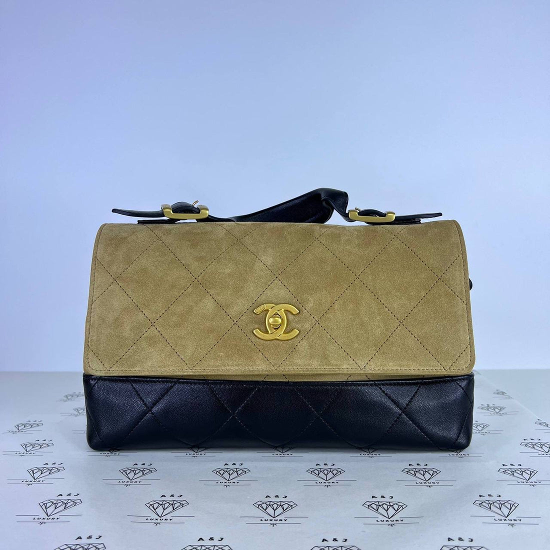 [PRE LOVED] Chanel Coco Base Top Handle Flap Bag in Brown/Black Suede/Lambskin Aged Gold HW (microchipped)