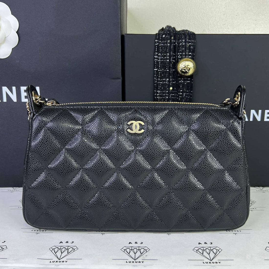 [BRAND NEW] Chanel 25B Collection Pouch with Sling in Black Caviar GHW (microchipped)