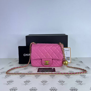 [PRE LOVED] Chanel Mini Square Pearl Crush Adjustable Strap in Pink Lambskin Leather Aged Gold HW (Series 30)