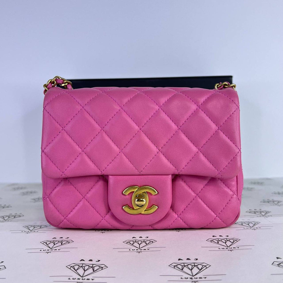 [PRE LOVED] Chanel Mini Square Pearl Crush Adjustable Strap in Pink Lambskin Leather Aged Gold HW (Series 30)